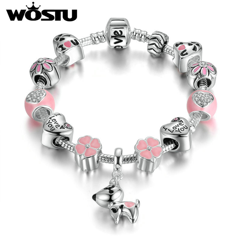 Cute Pink Pet Dog Silver Charm Bracelet for Women