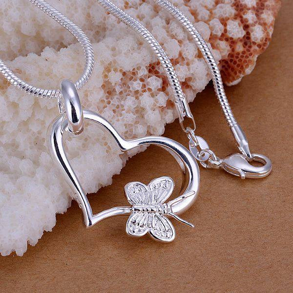 Silver plated butterfly heart pendants necklace